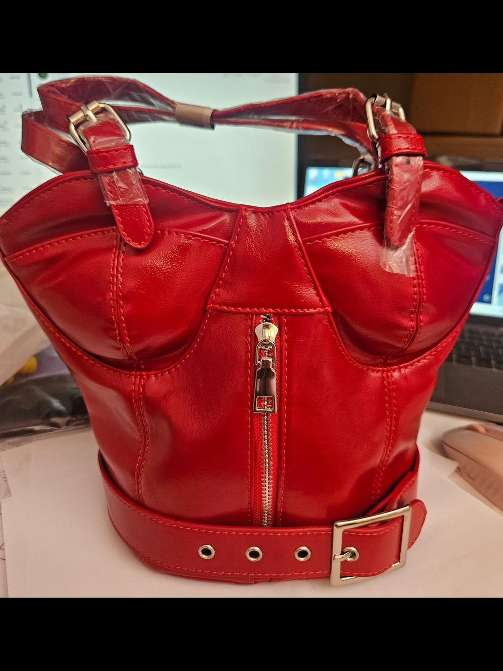 Red Women's Faux Leather Bustier Buckle Bag